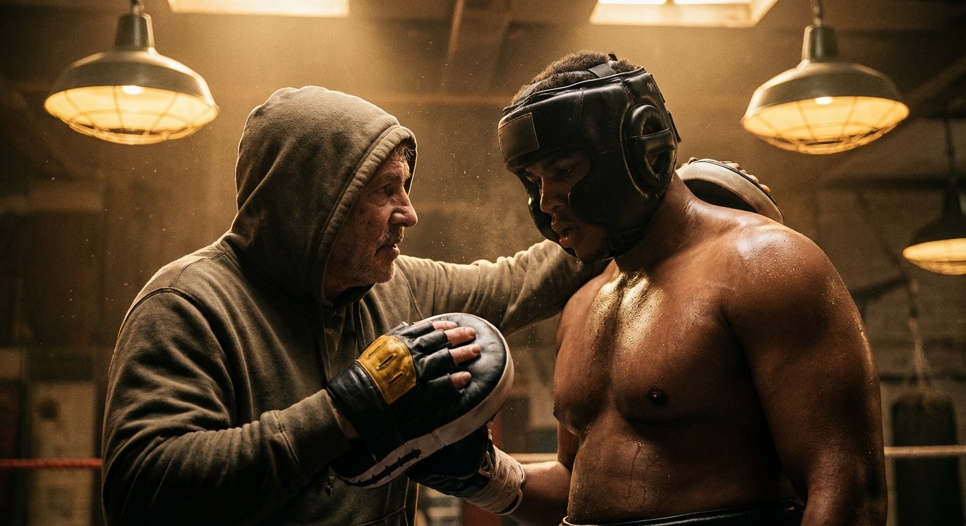 Coach holding pads for a young boxer in the ring
