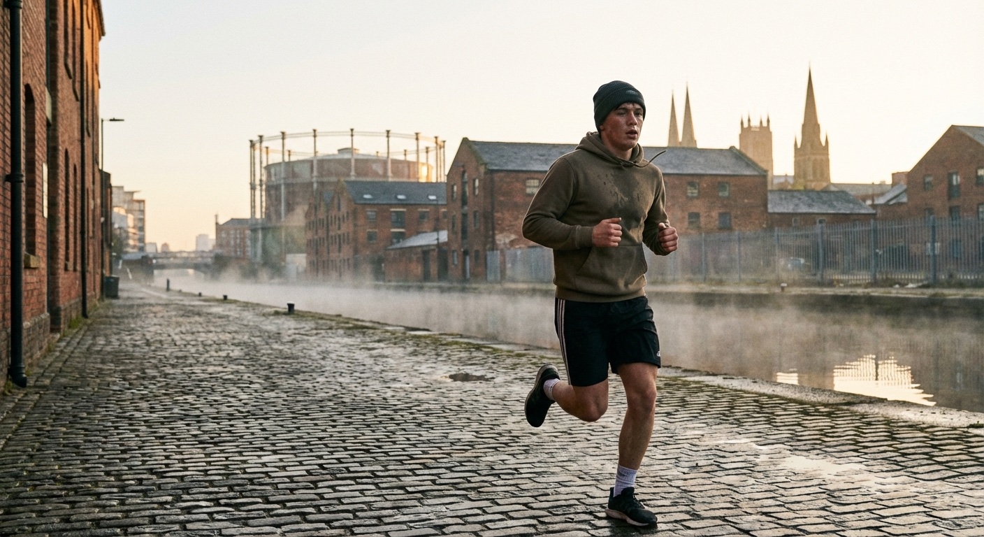 Young boxer doing roadwork at dawn