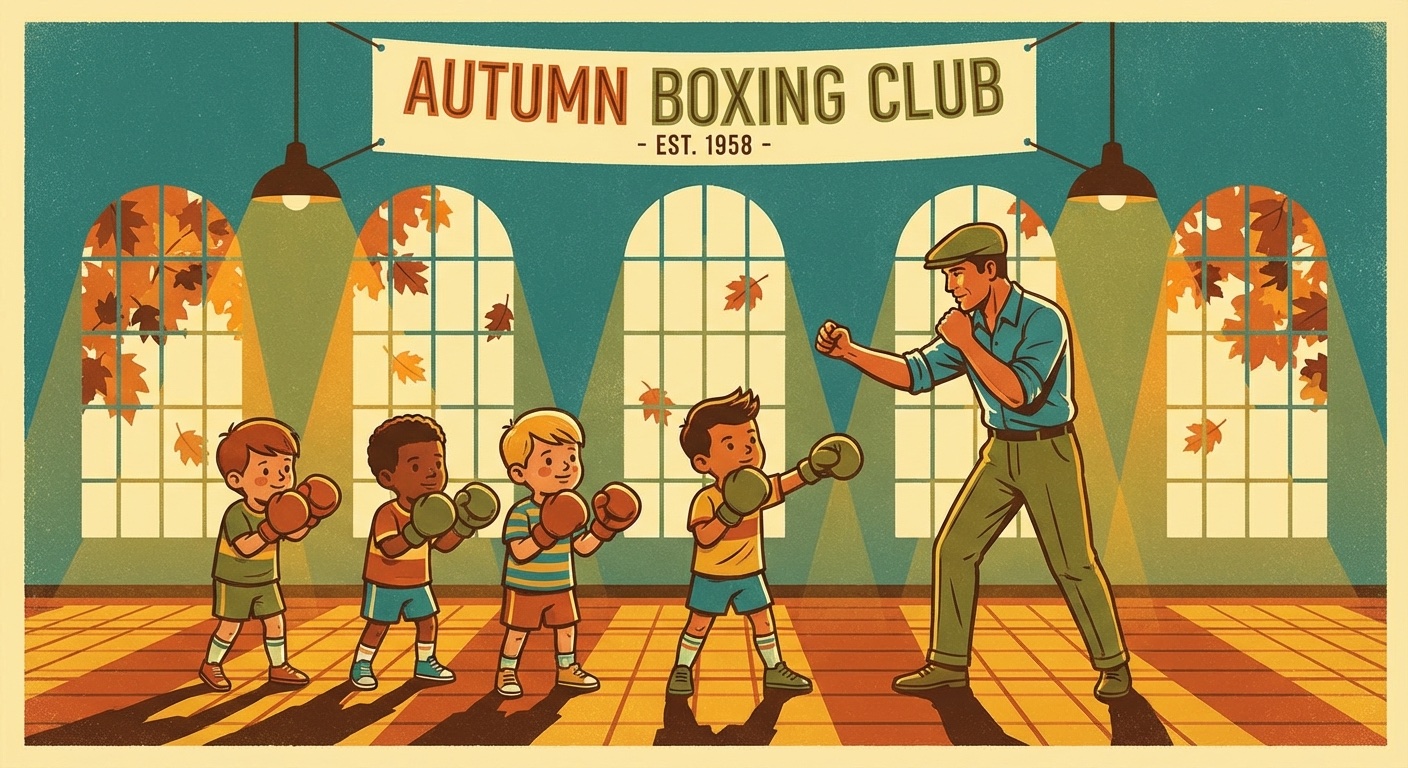 Children learning boxing stance in an indoor gym during autumn